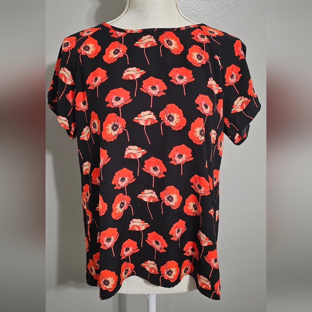 CAbi Black and Red Floral Blouse